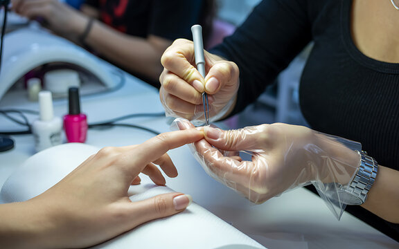 Close up professional manicure with cuticle pusher tool gently working on client's nail during treatment.