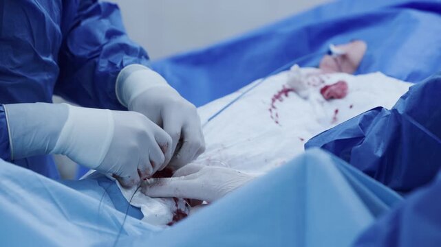 Closeup of gloved hands manipulating catheter and guidewire during cardiac catheterization procedure for interventional cardiology.