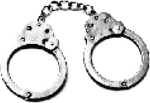 Halftone vector dotted retro grunge handcuffs design in black and white