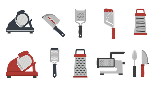 A comprehensive collection of kitchen food preparation tools featuring red and grey electric slicers and various stainless steel graters on a white background.