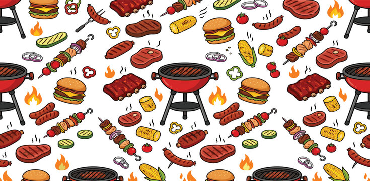 Barbecue grill seamless pattern with red kettle grills burgers sausages ribs steaks vegetable skewers and corn vector illustration for summer cookout and picnic background
