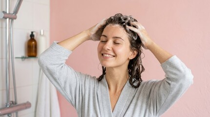Fototapeta premium Woman applying shampoo to wet brown hair against a pink background, hair care and beauty routine concept with clean fresh styling, realistic detail, no logos