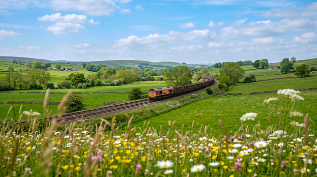 Tren atravesando campo verde en primavera, cielo azul, flores en primer plano desenfocadas, composici&oacute;n natural, luz suave.