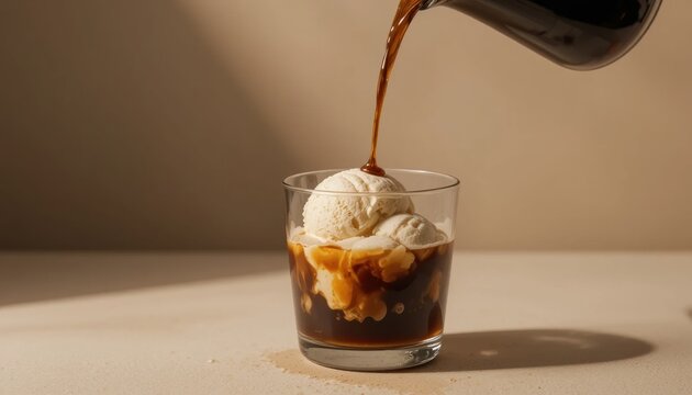 A glass of coffee is being poured over two scoops of vanilla ice cream, creating a rich affogato dessert on a beige background.