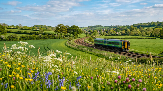 Tren atravesando campo verde en primavera, cielo azul, flores en primer plano desenfocadas, composici&oacute;n natural, luz suave.