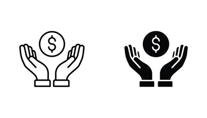 Obraz premium Dollar coin held in hands icon in black and white vector style for financial support and money saving concepts for business