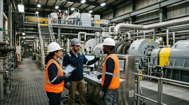 Workers talking in power plant workspace, industrial teamwork and energy sector concept, machinery background, professional atmosphere, realistic detail, no logos