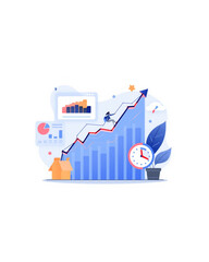 Obraz premium Business growth, success, and finance icons, vector illustration, blue and orange colors, infographic elements, stock market, investment, and statistics symbols