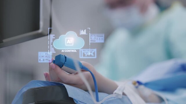Patient hand with pulse oximeter and ai assistant network smart monitoring for medical background and healthcare intelligence technology.