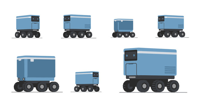 Autonomous delivery robots in various sizes and arrangements on white background.
