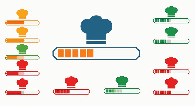 Chefs hat and progress bars representing cooking stages and completion status.