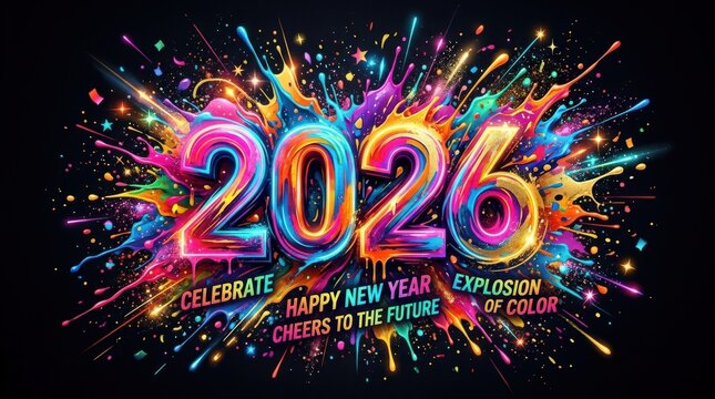 Dynamic 2026 text with vibrant paint splashes on black background, festive modern celebration design with bold color explosion and high impact, no logos