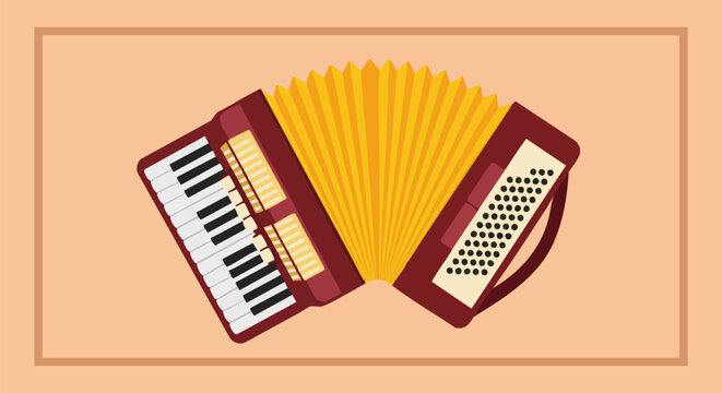 Vintage accordion musical instrument vector illustration, classical squeeze box with yellow bellows, traditional folk music equipment on tan background