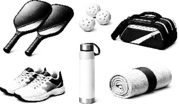 Halftone vector dotted retro grunge sports gear with paddles and sneakers