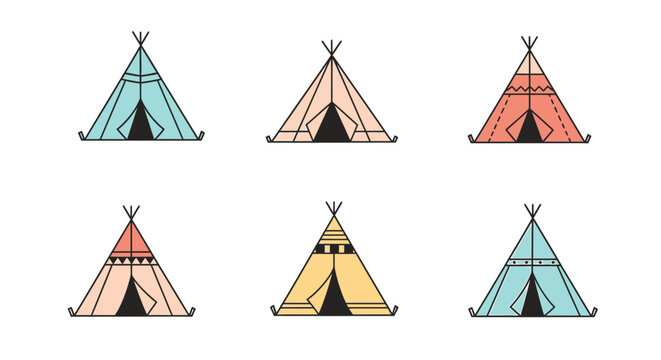 Colorful teepees illustration, diverse designs, vibrant outdoor camping tents, artistic tribal dwellings.