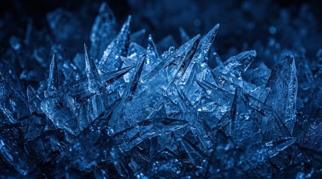 Sharp crystalline ice shards in deep blue moody lighting, abstract winter texture with cold elegance and dramatic frozen detail, polished realistic finish, no logos