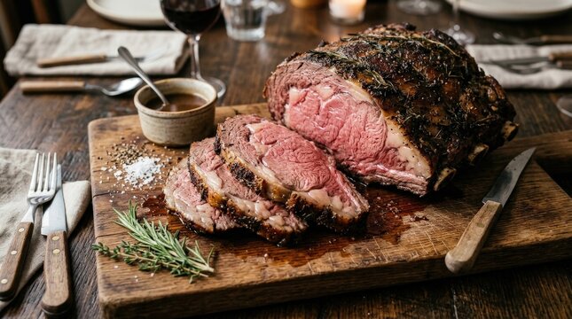 Perfectly roasted prime rib sliced and served on a cutting board, premium meat dinner, juicy texture and rich seared crust, rustic food presentation, no logos