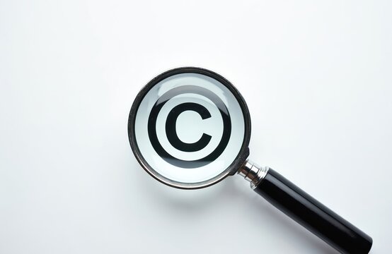Magnifying glass inspects copyright symbol on white background. Intellectual property protection, legal law, trademark registration, author rights concept. Idea ownership safety.