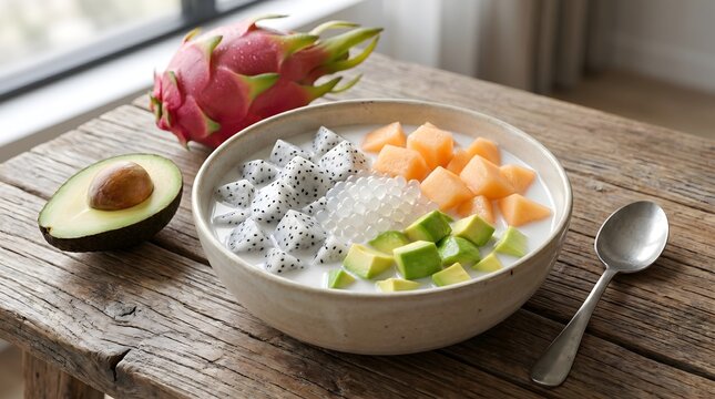 Es Buah Tropis Indonesia dengan Buah Naga Melon dan Sagu Mutiara