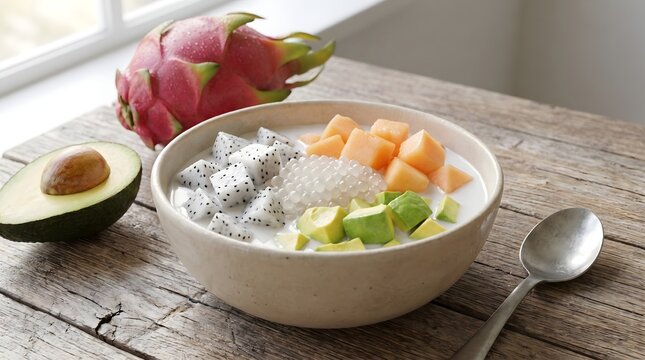 Mangkuk Pencuci Mulut Sehat Berisi Potongan Buah Dadu dengan Kuah Susu Kelapa