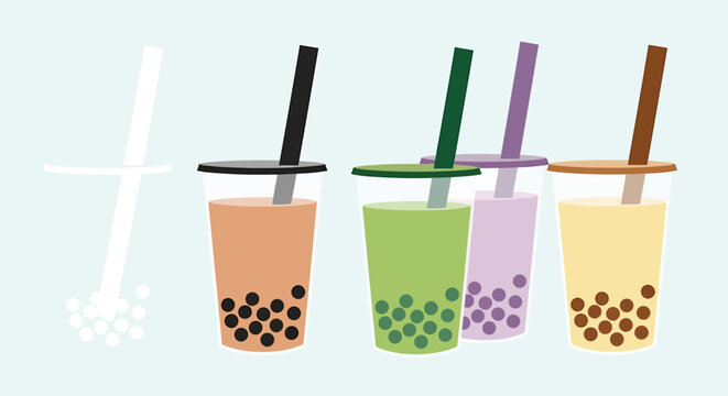 Colorful bubble tea drinks with straws, a refreshing beverage concept.