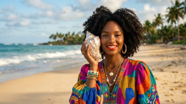 African woman with curly hair holding a conch shell beside her face on a tropical beach, editorial seaside fashion portrait with creative modern aesthetics and bold color, natural light, no logos