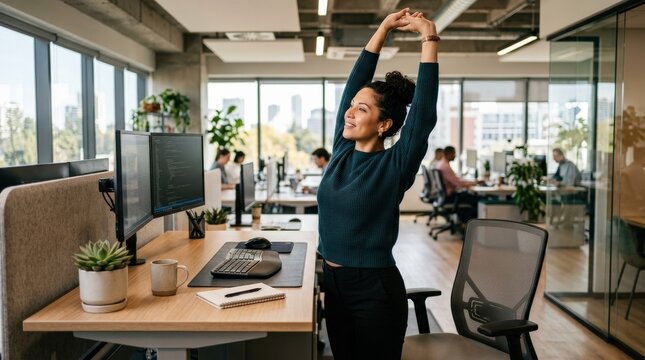 Latina woman taking a stretch break at her office desk, workplace wellness and ergonomic self care concept in a modern business interior, realistic detail, no logos