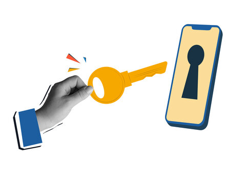 Cybersecurity concept: A hand holding a key to a phone with a keyhole on the screen. Modern collage style. Illustration on a transparent background