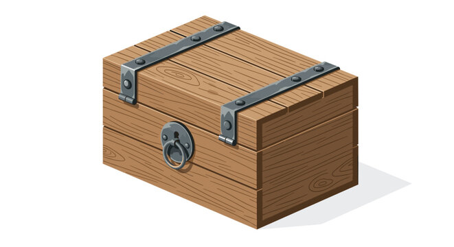 A sturdy and weathered wooden treasure chest features strong iron bands and a prominent circular metal lock on its front in an isometric view.