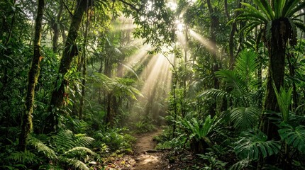 Fototapeta premium Sunlight streaming through lush tropical rainforest canopy, vibrant jungle nature background with rich green foliage, dramatic rays and fresh exotic atmosphere, soft lighting, realistic texture, clean