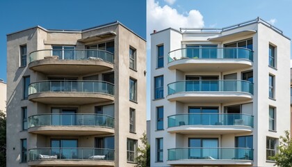 Fototapeta premium Old building exterior before and after renovation. Worn facade contrasts with new smooth white walls and modern glass balconies. Exterior upgrade transformation.