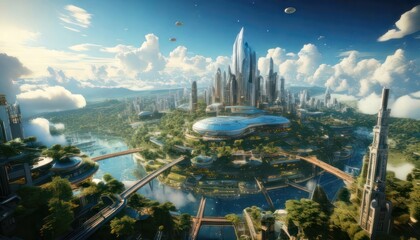Fototapeta premium Futuristic city skyline with towering crystalline skyscrapers and lush green landscapes, reflecting a harmonious blend of advanced technology and nature in a utopian metropolis