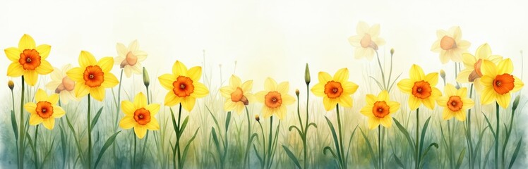 Obraz premium Yellow daffodils bloom in a soft watercolor meadow with green grass. Pastel spring flowers with orange centers create a gentle garden border. Botanical art painting captures fresh natural beauty.