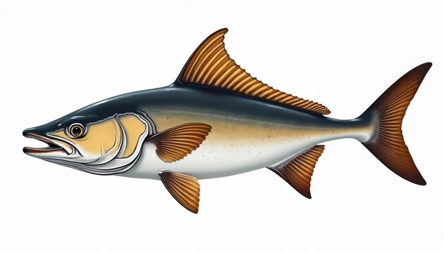 Realistic illustration of a cobia fish swimming. The marine animal has a dark top, yellow underside, and brown fins. It features detailed anatomy for educational or fishing content.