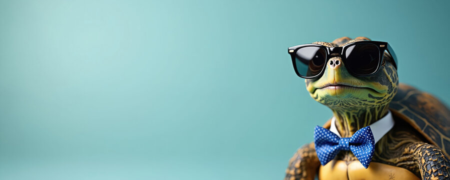 Turtle wears sunglasses and blue bow tie. This cool animal character looks like businessman. Illustration style with clean background for text.