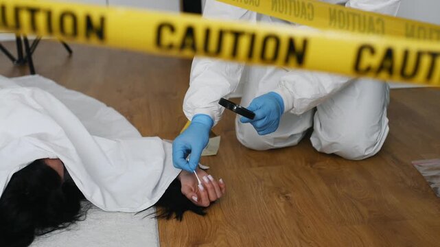 Forensic investigator in white suit collects evidence near a covered body at a crime scene, with caution tape and a magnifying glass visible