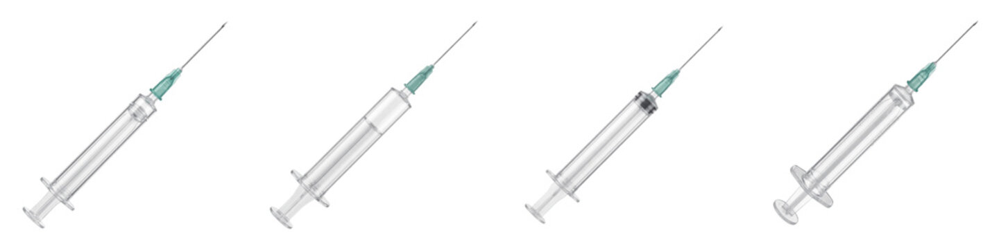 Four syringes with green tips isolated on transparent background