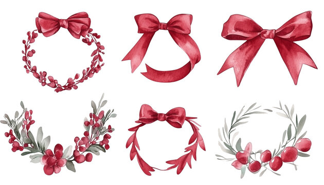 Watercolor set of whimsy frames with ribbons and red bows isolated on white background png