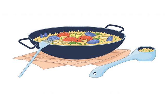 Seafood paella in pan with spoon and fork cartoon animation. Valencia spanish cuisine. Saffron rice meal. Authentic food animated flat 2D composition 4K video isolated on white, still life