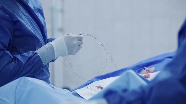 Surgical team preparing cardiac catheter and equipment in operating room for medical.