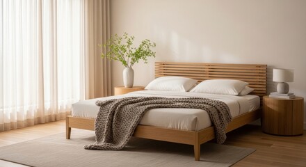 Fototapeta premium Modern minimalist bedroom interior design featuring a wooden platform bed with cozy bedding and soft natural light in a calm home living space