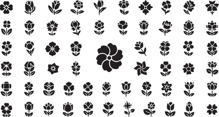 Fototapeta premium Black Flower Icon Set Nature Floral Symbols Collection