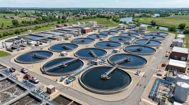 Circular sedimentation tanks at wastewater treatment plant, environmental infrastructure and water management concept, industrial aerial view, clean utility landscape, daylight realism, no logos
