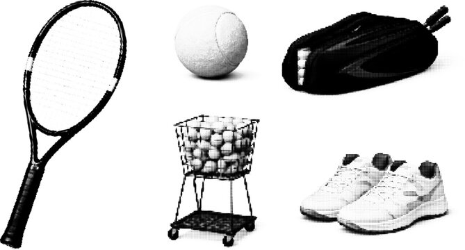 Halftone vector of tennis gear with racket ball shoes in retro grunge dotted style