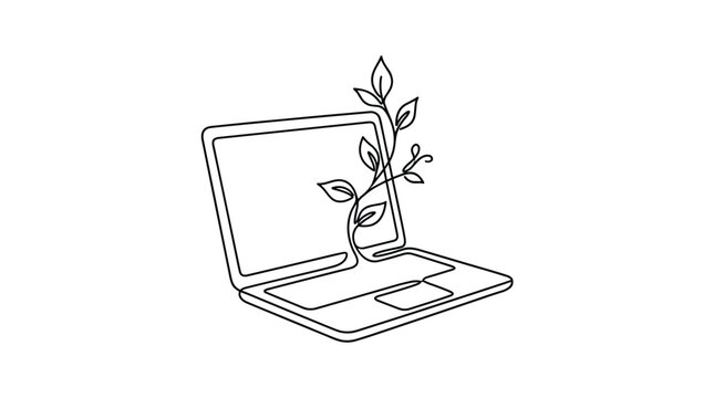 Continuous line drawing of a laptop with a growing plant symbolizing green technology.