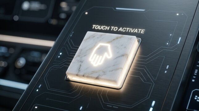 White hand icon illuminating square marble button, clean futuristic interface concept for touch technology and smart interaction, soft glow, realistic finish, no logos