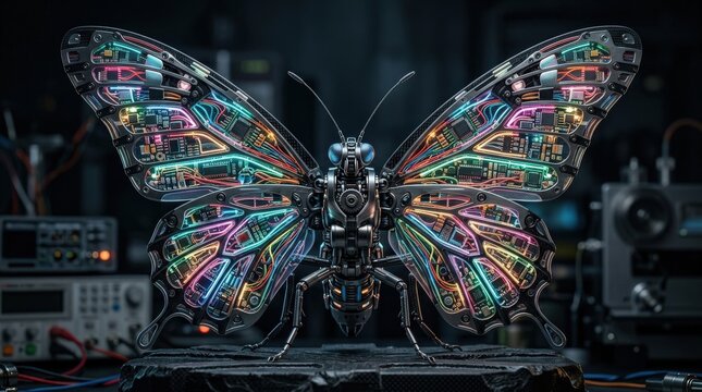 Robotic butterfly with colorful wires and circuits in spread wings, futuristic bio tech concept, intricate mechanical design, dark background, high detail, no logos