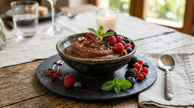 Chocolate mousse dessert with fresh summer berries, decadent sweet course with rich creamy texture and refined plated presentation, realistic detail, no logos