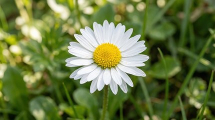 Fototapeta premium Daisy flower blossom close up, close-up of a fresh daisy flower in bloom, delicate white petals and bright yellow center, botanical beauty concept, natural garden detail, clean floral composition,