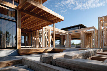Fototapeta premium This image showcases a modern wooden structure in the early stages of construction, highlighting the intricate wooden framework and open layout that enhance natural light.